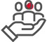 A simple graphic of a gray hand supporting three stylized people outlines, one highlighted in red, symbolizing leadership, care, or teamwork.