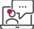 Icon of a person on a laptop screen with a speech bubble indicating communication or online chat. The style is minimalist with red highlights.