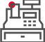 Outlined icon of a vintage cash register on a black background, featuring a red circle near the receipt area. The design is simple and retro.