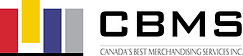 Logo reading "CBMS Canada's Best Merchandising Services Inc." with bold black letters. Abstract design features red, yellow, and blue rectangular blocks.