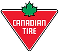 Red triangle logo with "Canadian Tire" text, outlined in white, featuring a green maple leaf at the top. Set against a black background.