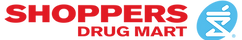 Logo of Shoppers Drug Mart with bold red text on a black background, featuring its name and a blue stylized mortar and pestle symbol on the right.