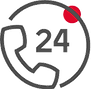 Icon of a telephone handset and the number "24" inside a circle, with a red dot in the top right corner, symbolizing 24/7 customer service.