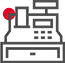 Simple line drawing of a cash register with a red circle above, set against a black background. The mood is modern and minimalist.