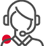 Icon depicting a person wearing a headset with a microphone, outlined in simple black lines. A small red circle is at the shoulder, conveying service or communication.