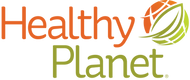 "Logo with 'Healthy Planet' in orange and green text; a partial globe with leaves on the right, symbolizing health and environmental focus."