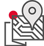 Stylized map icon with a gray location pin on complex lines, resembling streets. A red circle accents the design, suggesting navigation or GPS.