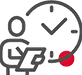 Outline of a person reading a document, with a large clock in the background. A small red dot adds emphasis, suggesting urgency or time management.